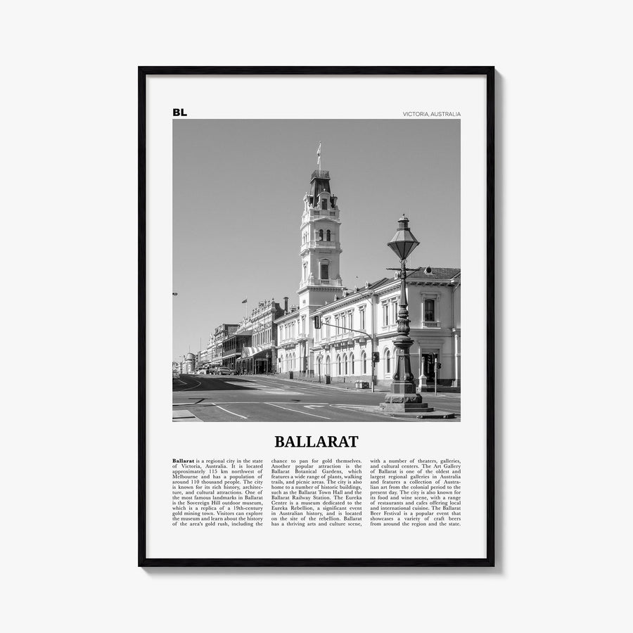 Ballarat black & white newspaper poster of Australia – vertical wall art, unframed print shown in interior mockup
