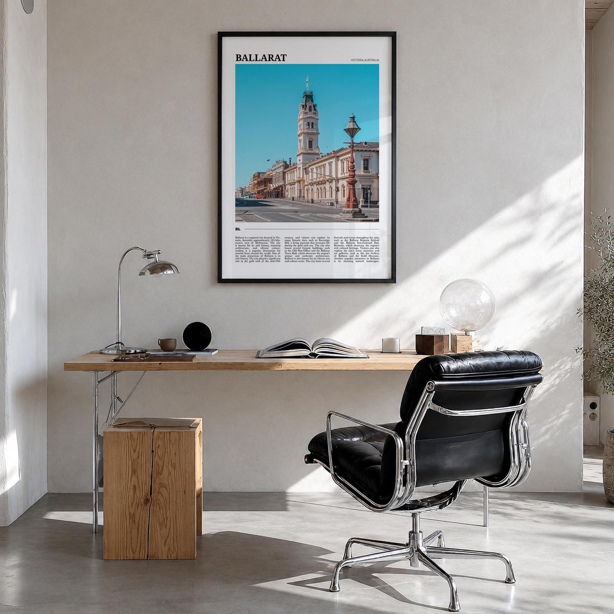 Ballarat colorful travel poster of Australia – vertical wall art in black wood frame, hanging on wall