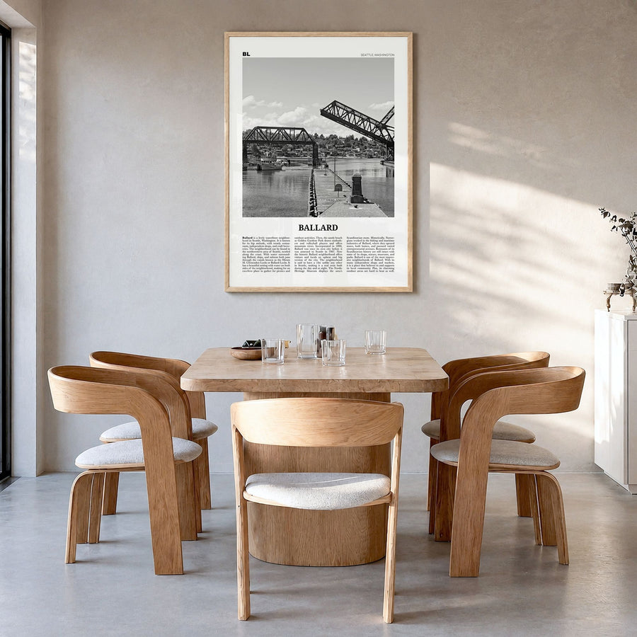 Ballard Newspaper Poster in a natural wood frame, hanging in a dining room
