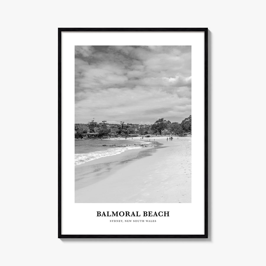 Balmoral Beach black & white classic poster of Australia – vertical wall art, unframed print shown in interior mockup