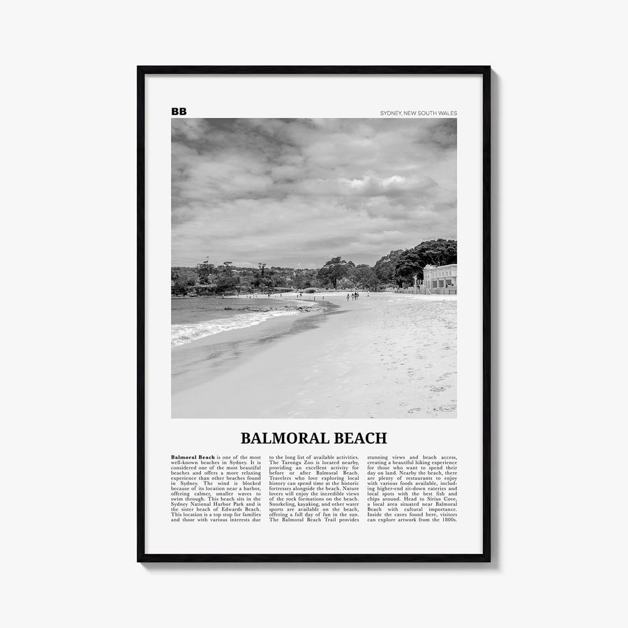 Balmoral Beach black & white newspaper poster of Australia – vertical wall art, unframed print shown in interior mockup