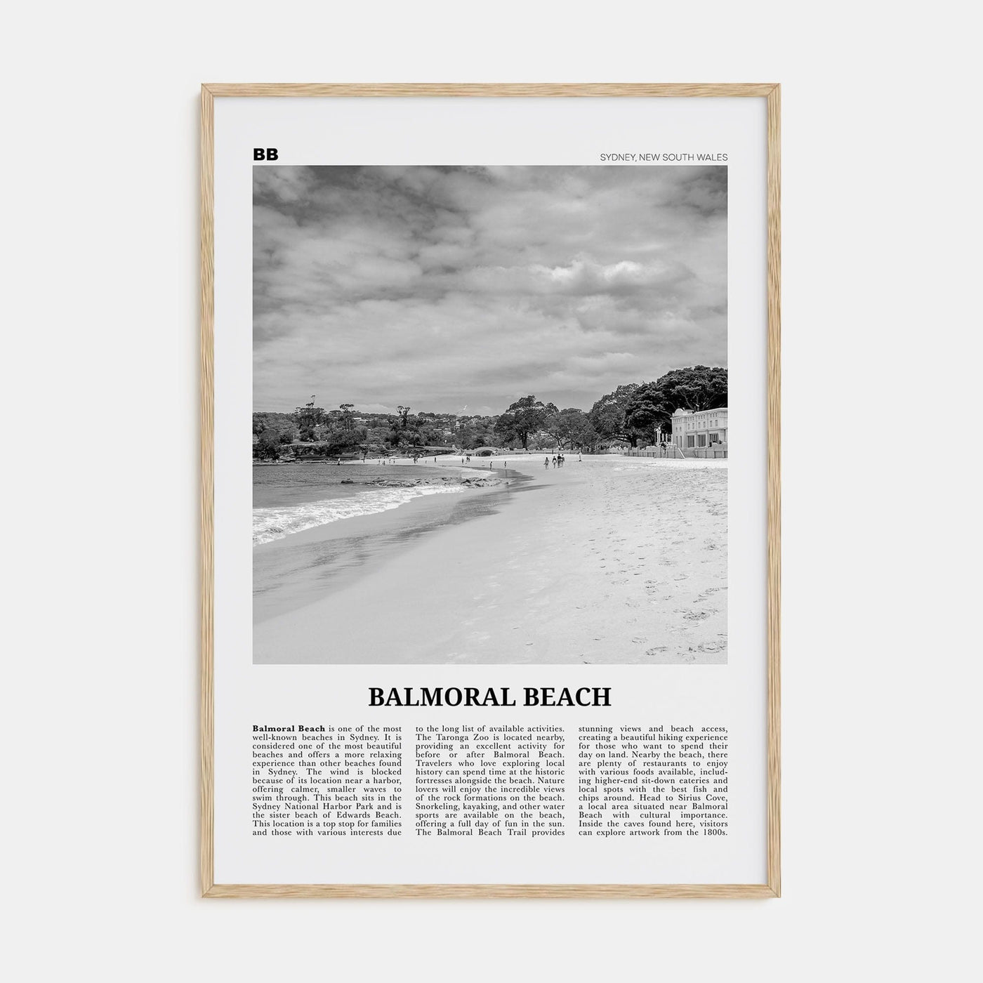 Balmoral Beach Poster Natural Wood / 8x12 in Nbourhood Travel B&W Poster