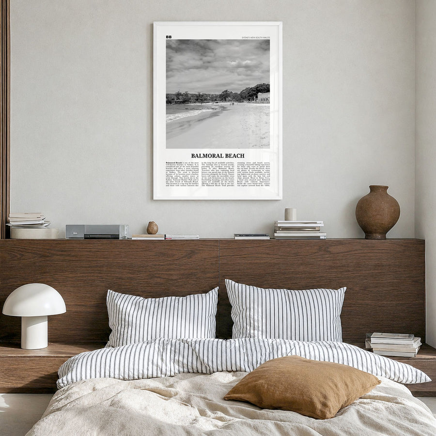 Balmoral Beach Newspaper Poster in a white wood frame, hanging in a bedroom