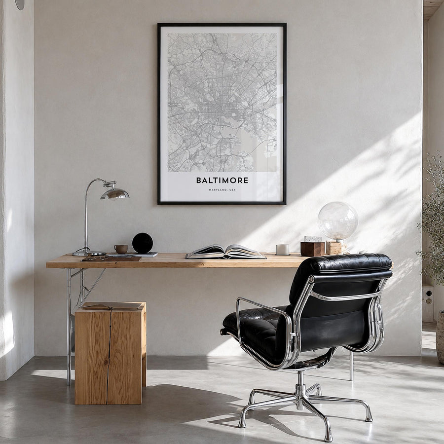 Baltimore black & white map poster of Maryland, USA – vertical wall art in black wood frame, hanging on wall
