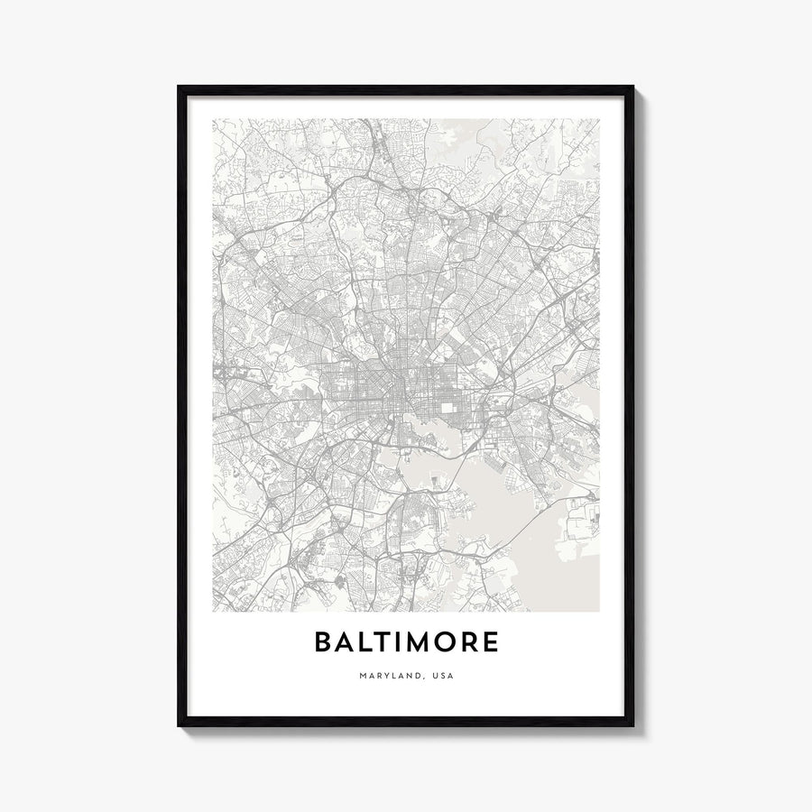 Baltimore black & white map poster of Maryland, USA – vertical wall art, unframed print shown in interior mockup