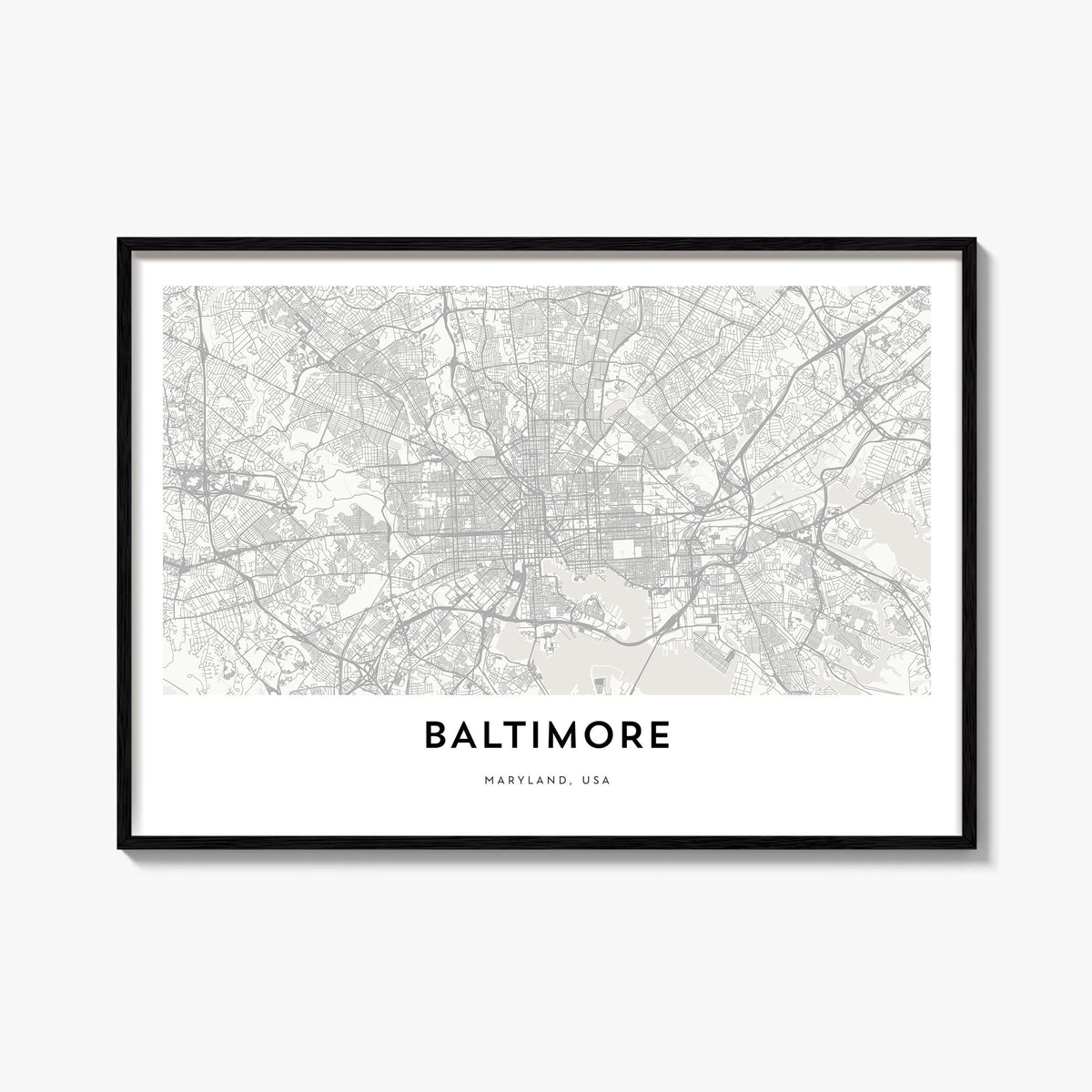 Baltimore black & white map poster of Maryland, USA – horizontal wall art, unframed print shown in interior mockup