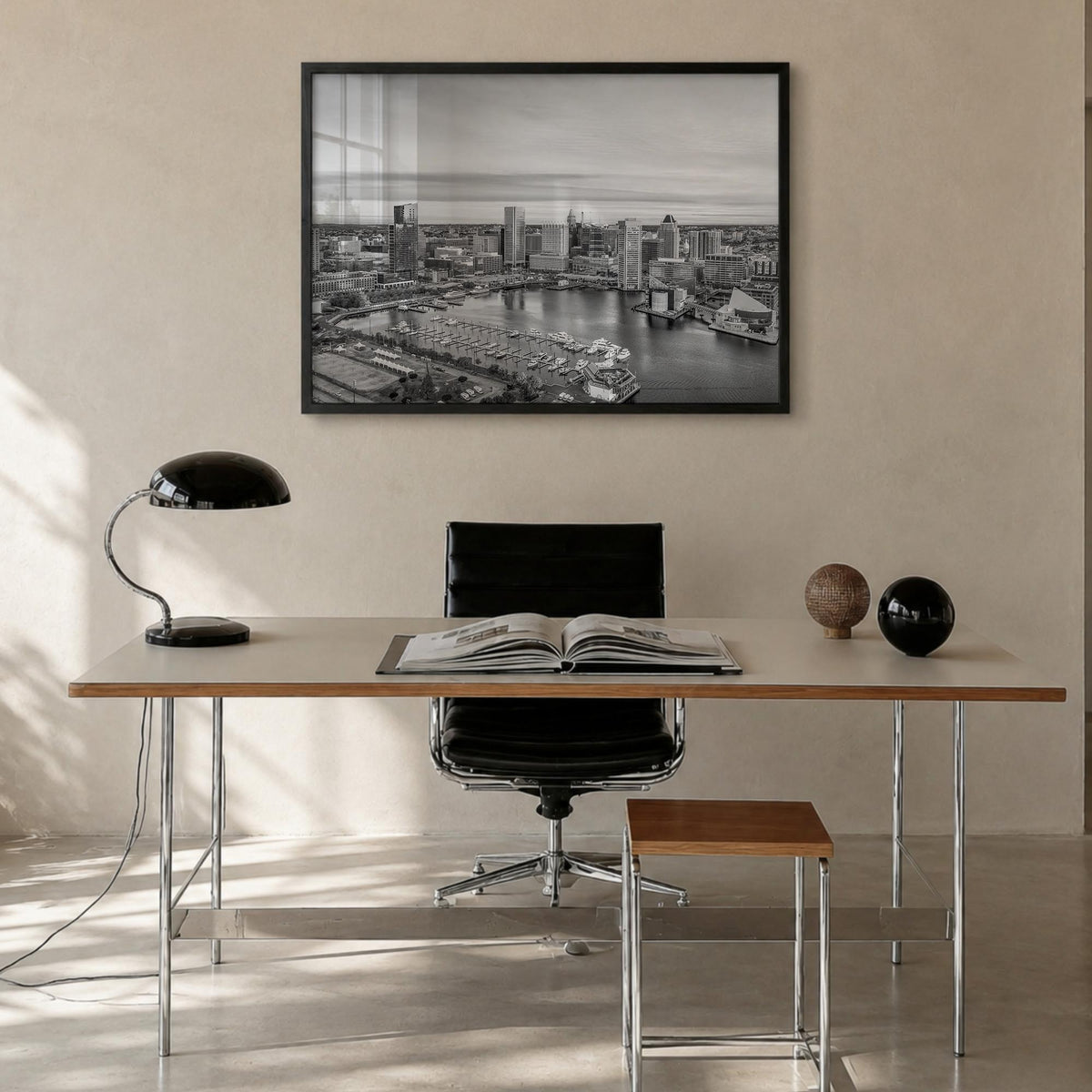 Baltimore black & white photo poster of Maryland, USA – horizontal wall art in black wood frame, hanging on wall