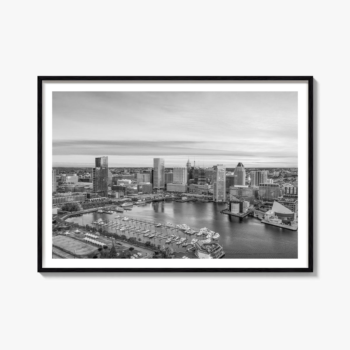 Baltimore black & white photo poster of Maryland, USA – horizontal wall art, unframed print shown in interior mockup