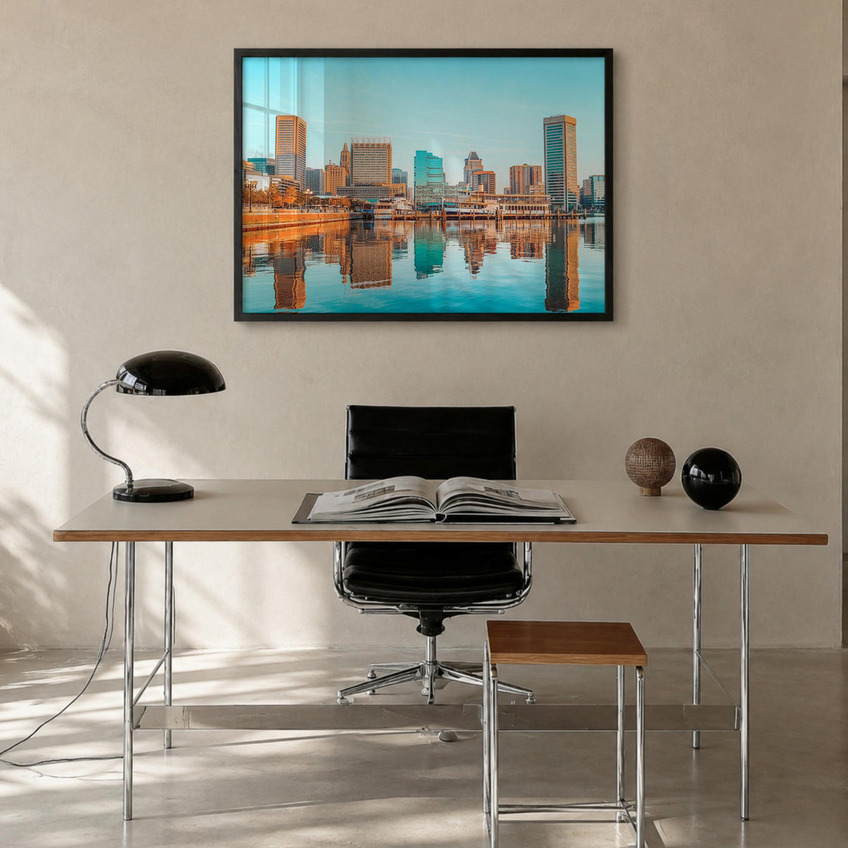 Baltimore colorful photo poster of Maryland, USA – horizontal wall art in black wood frame, hanging on wall