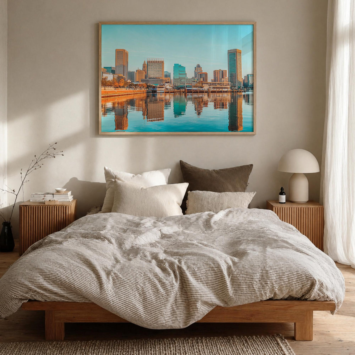Baltimore colorful photo poster of Maryland, USA – horizontal wall art in natural wood frame, hanging on wall