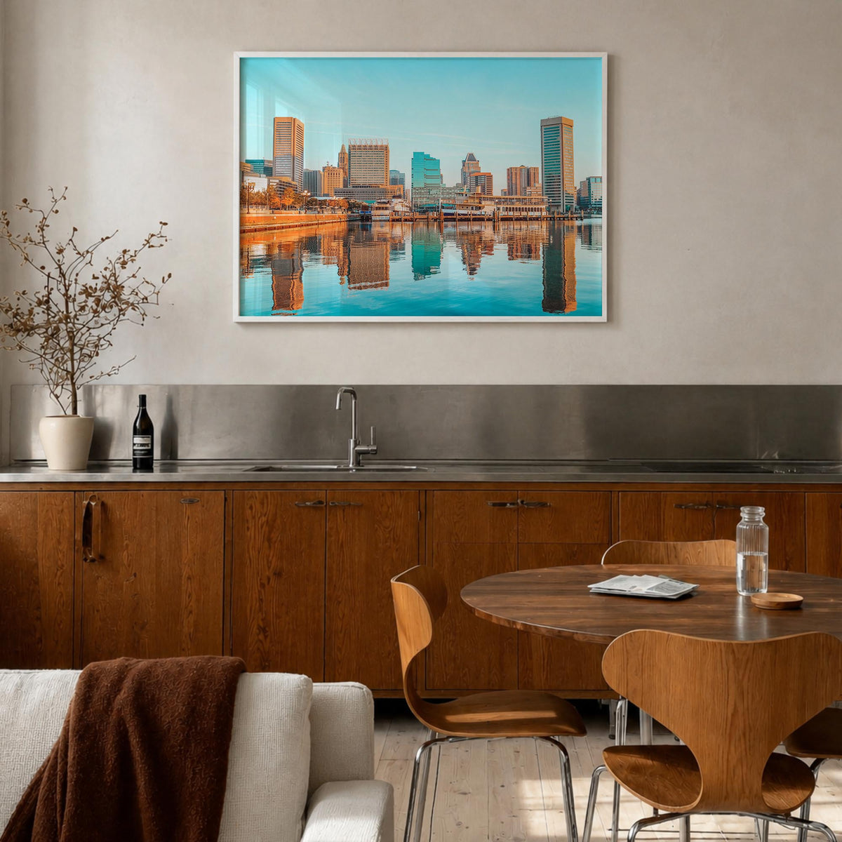 Baltimore colorful photo poster of Maryland, USA – horizontal wall art in white wood frame, hanging on wall