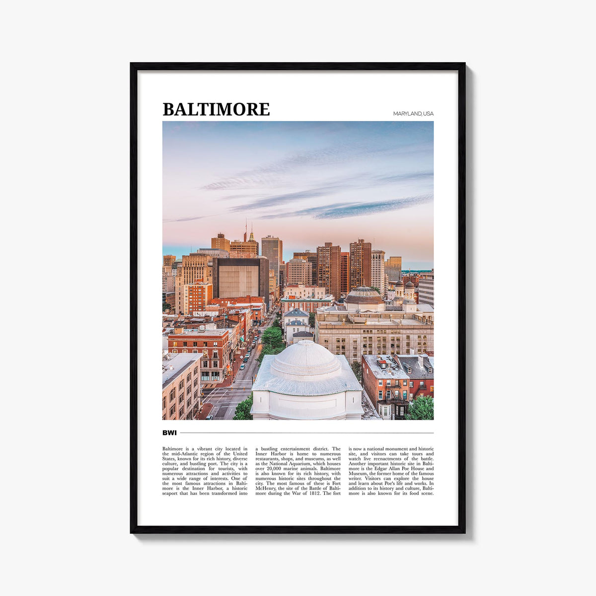 Baltimore colorful travel poster of Maryland, USA – vertical wall art, unframed print shown in interior mockup