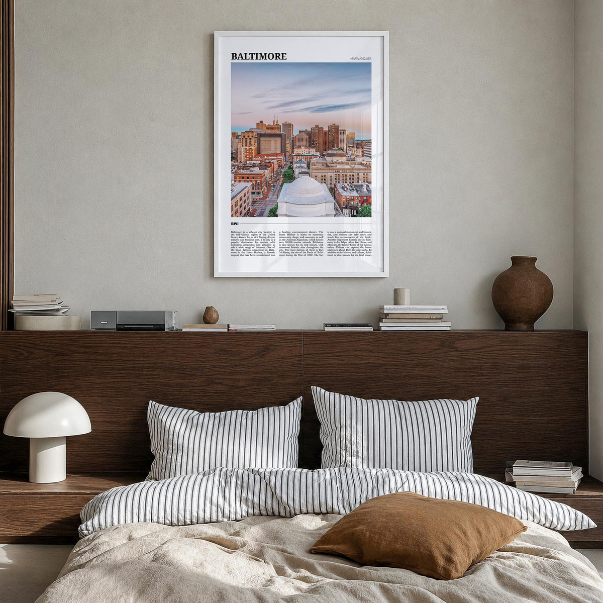 Baltimore colorful travel poster of Maryland, USA – vertical wall art in white wood frame, hanging on wall