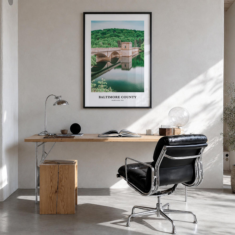 Baltimore County colorful classic poster of Maryland, USA – vertical wall art in black wood frame, hanging on wall