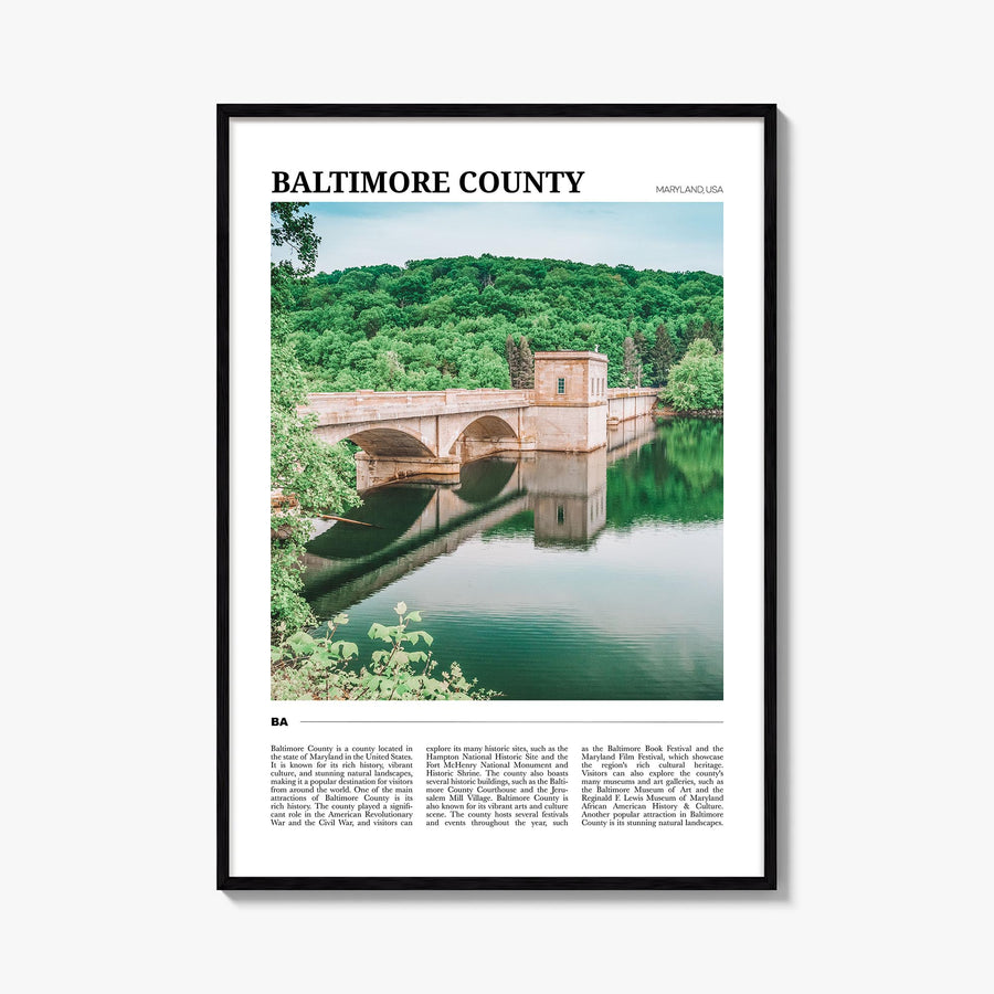 Baltimore County colorful travel poster of Maryland, USA – vertical wall art, unframed print shown in interior mockup