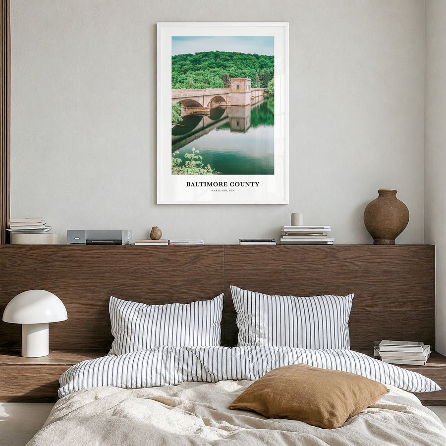Baltimore County Classic Poster in a white wood frame, hanging in a bedroom