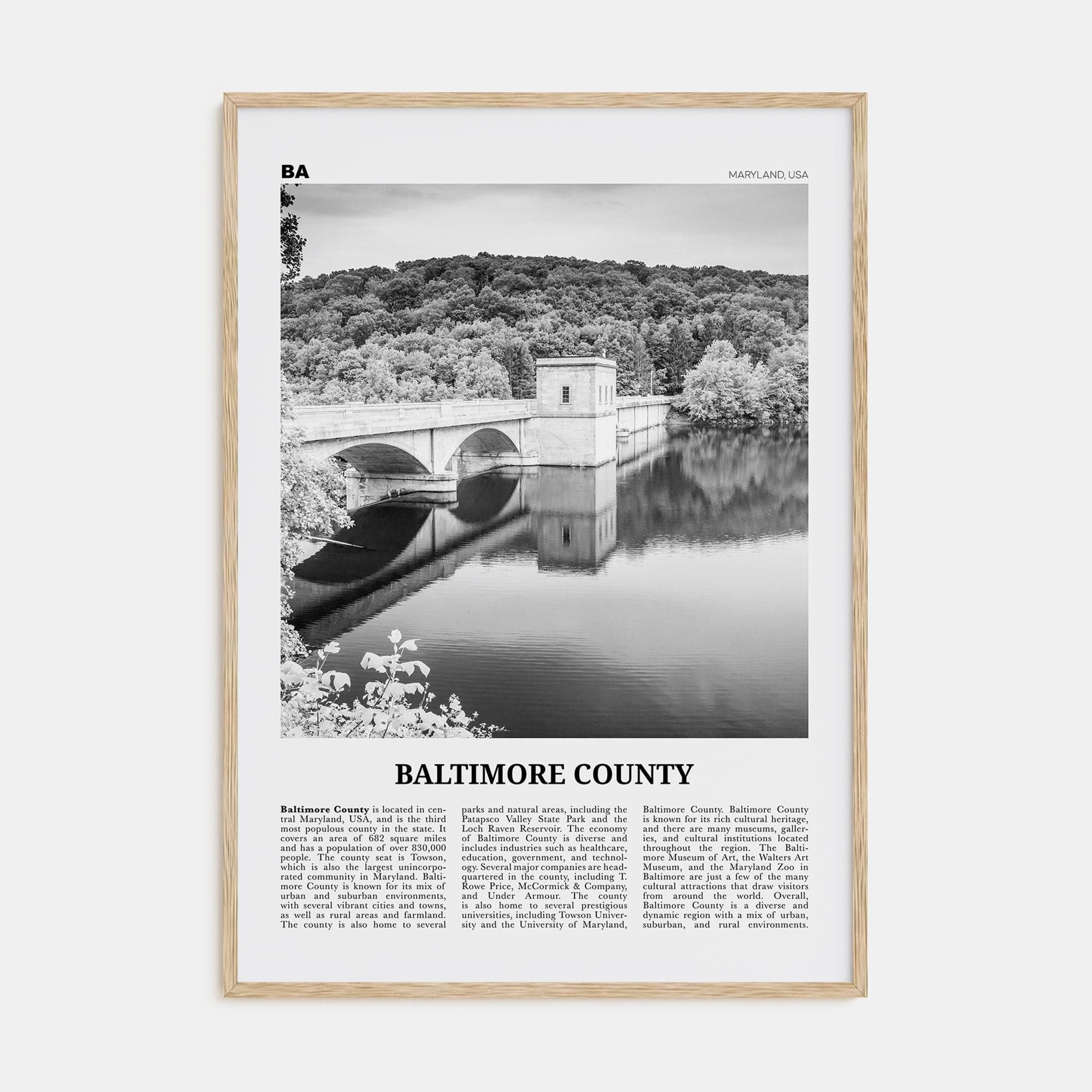 Baltimore County Poster Natural Wood / 8x12 in Nbourhood Travel B&W Poster