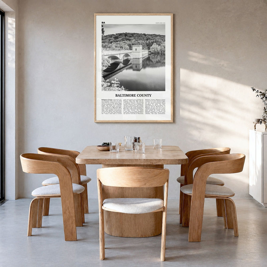 Baltimore County Newspaper Poster in a natural wood frame, hanging in a dining room