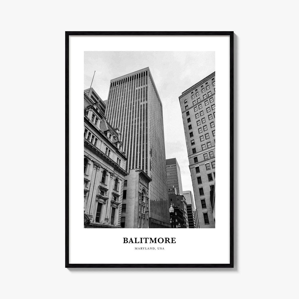 Baltimore no. 1 black & white classic poster of Maryland, USA – vertical wall art, unframed print shown in interior mockup