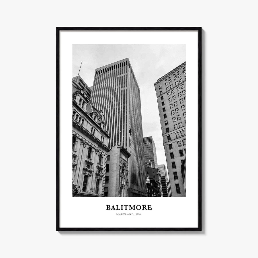 Baltimore no. 1 black & white classic poster of Maryland, USA – vertical wall art, unframed print shown in interior mockup