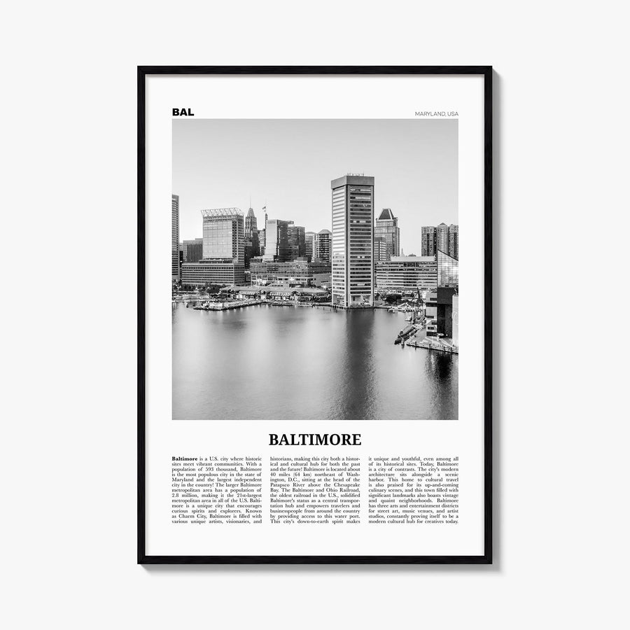 Baltimore no. 1 black & white newspaper poster of Maryland, USA – vertical wall art, unframed print shown in interior mockup