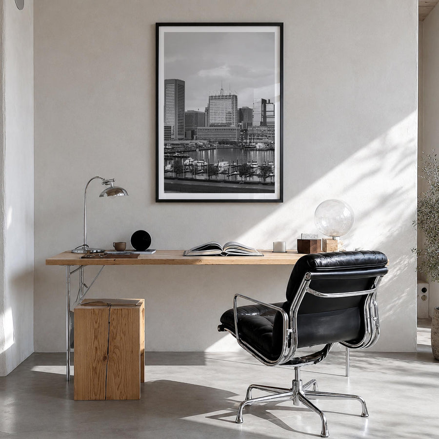 Baltimore no. 1 black & white photo poster of Maryland, USA – vertical wall art in black wood frame with white border, hangin