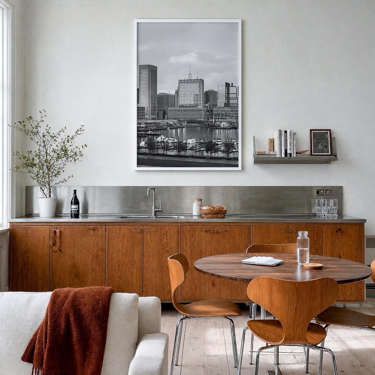 Baltimore no. 1 black & white photo poster of Maryland, USA – vertical wall art in white wood frame, hanging on wall