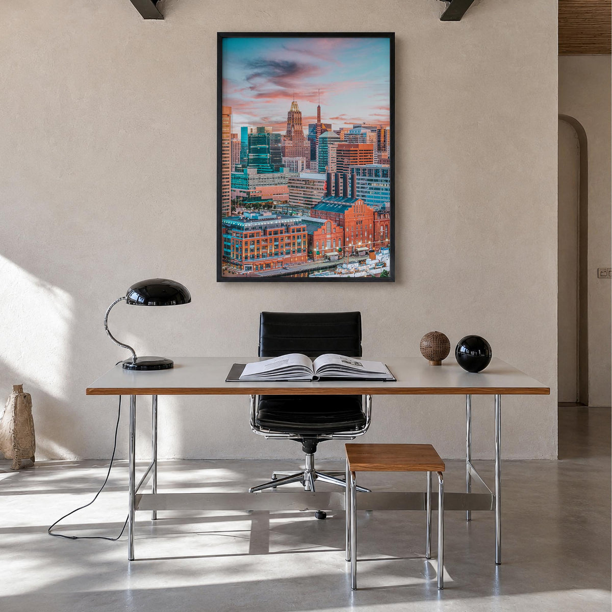 Baltimore no. 1 colorful photo poster of Maryland, USA – vertical wall art in black wood frame, hanging on wall