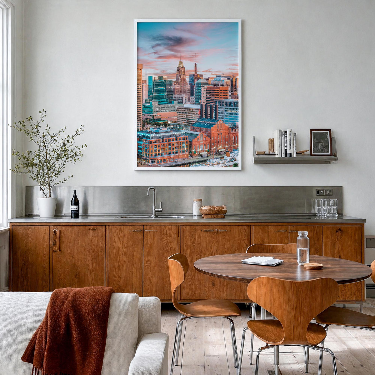 Baltimore no. 1 colorful photo poster of Maryland, USA – vertical wall art in white wood frame, hanging on wall