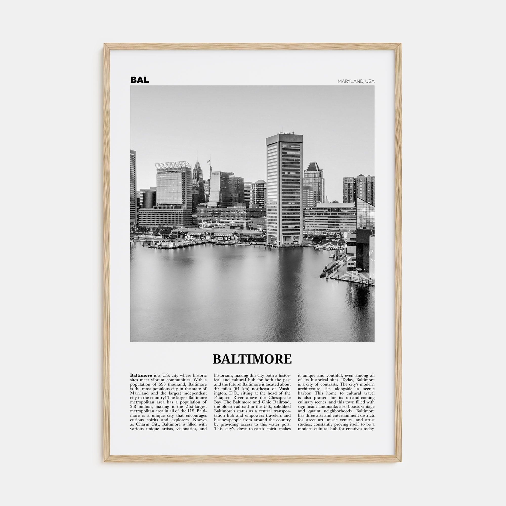 Baltimore No 1 Poster Natural Wood / 8x12 in Nbourhood Travel B&W Poster