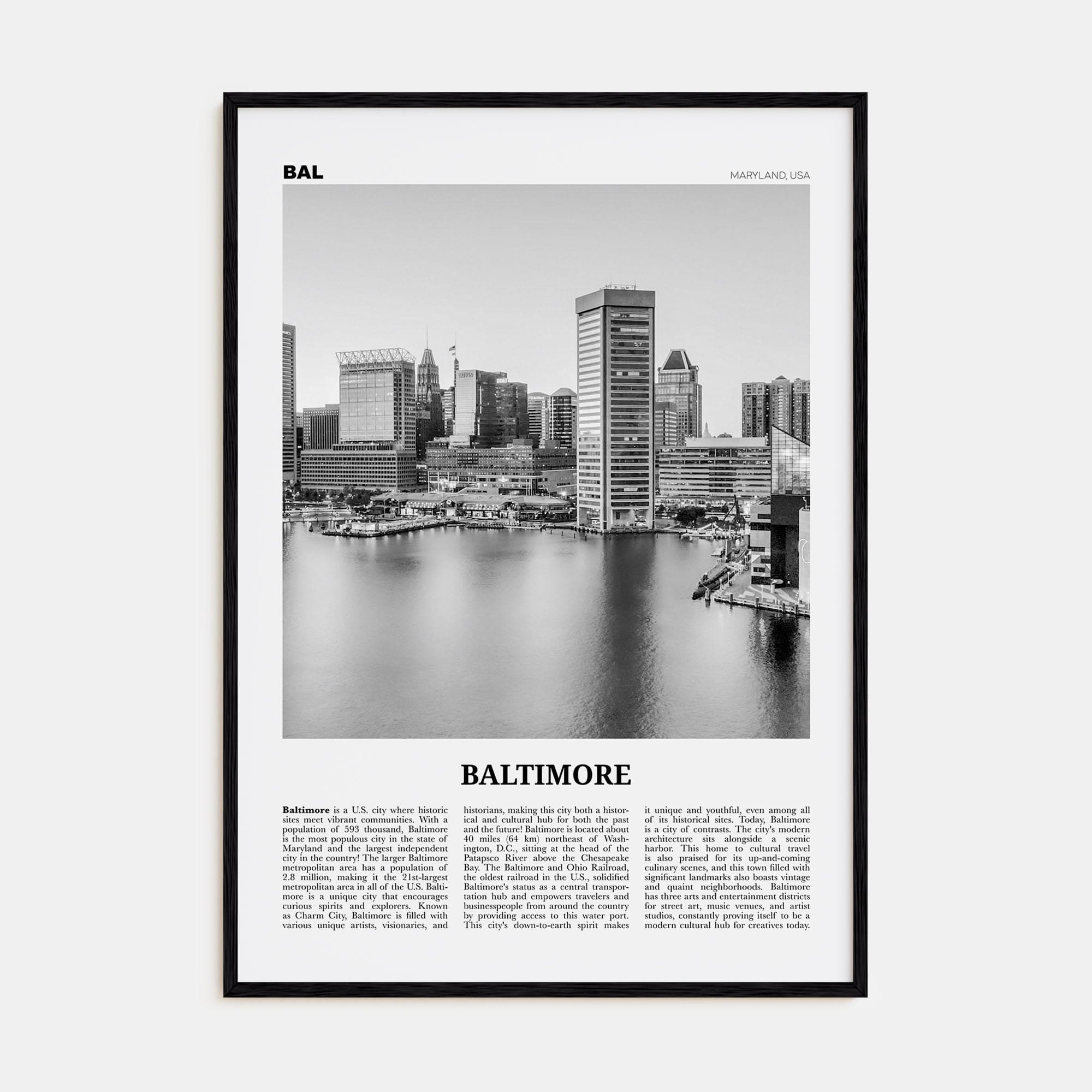 Baltimore No 1 Poster Black Wood / 8x12 in Nbourhood Travel B&W Poster