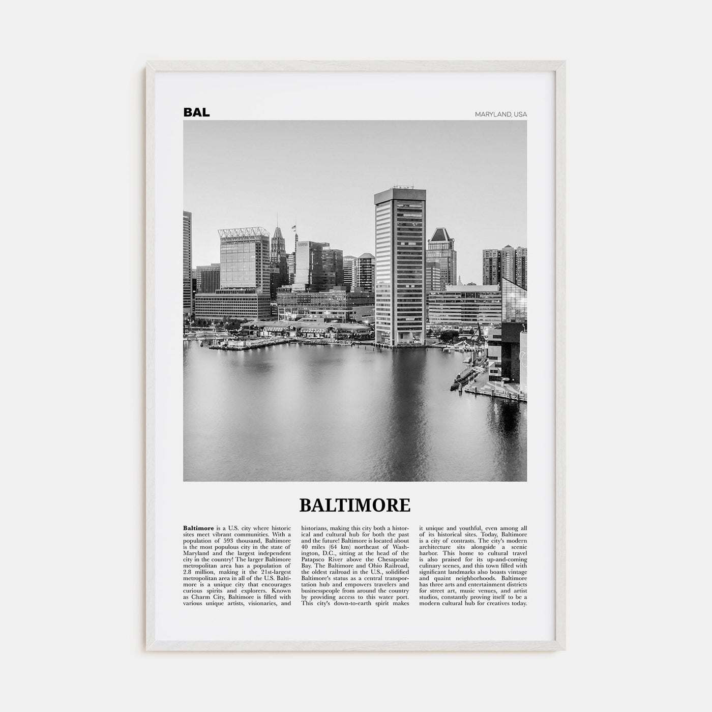 Baltimore No 1 Poster White Wood / 8x12 in Nbourhood Travel B&W Poster