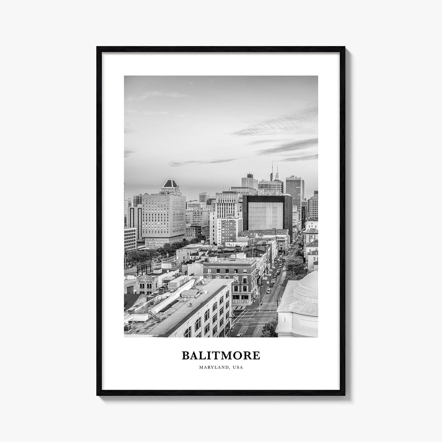 Baltimore no. 2 black & white classic poster of Maryland, USA – vertical wall art, unframed print shown in interior mockup