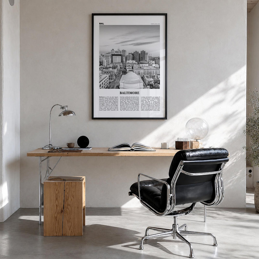 Baltimore no. 2 black & white newspaper poster of Maryland, USA – vertical wall art in black wood frame, hanging on wall