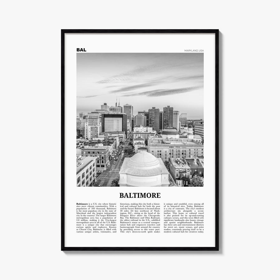 Baltimore no. 2 black & white newspaper poster of Maryland, USA – vertical wall art, unframed print shown in interior mockup
