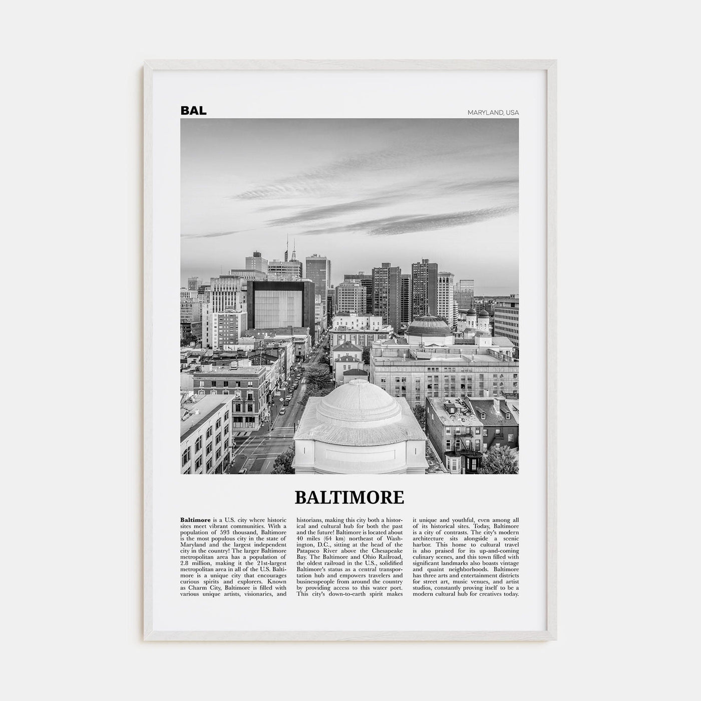 Baltimore No 2 Poster White Wood / 8x12 in Nbourhood Travel B&W Poster