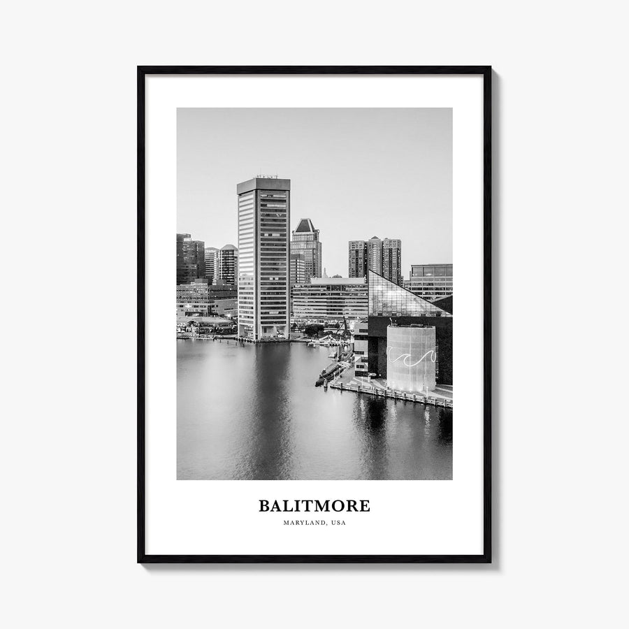 Baltimore no. 3 black & white classic poster of Maryland, USA – vertical wall art, unframed print shown in interior mockup