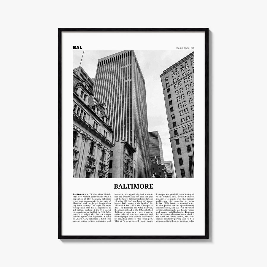 Baltimore no. 3 black & white newspaper poster of Maryland, USA – vertical wall art, unframed print shown in interior mockup
