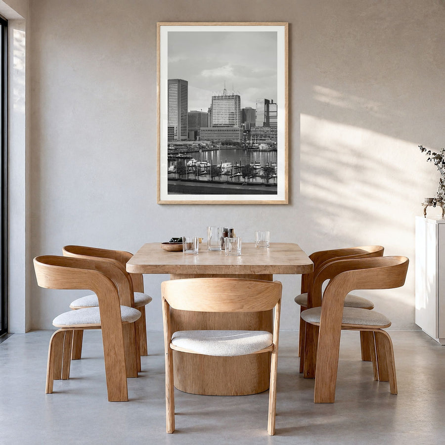 Baltimore Photo No 1 Poster in a natural wood frame, hanging in a dining room, white border