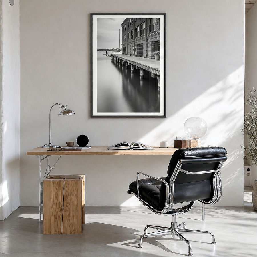 Baltimore Photo No 3 Poster in a black wood frame, hanging in a bright home office, white border
