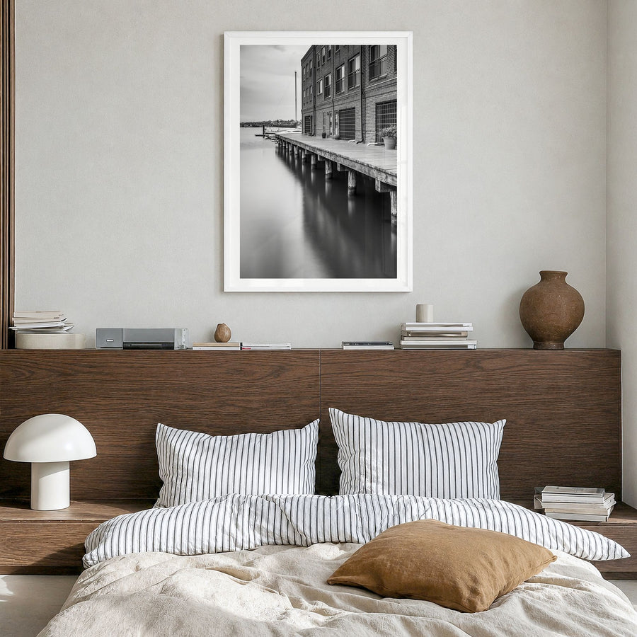 Baltimore Photo No 3 Poster in a white wood frame, hanging in a bedroom, white border