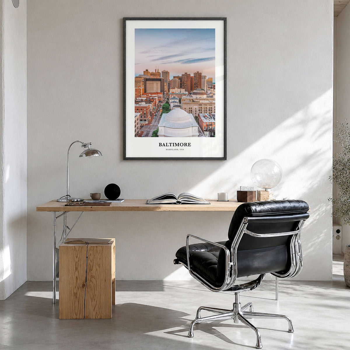 Baltimore Classic Poster in a black wood frame, hanging in a bright home office