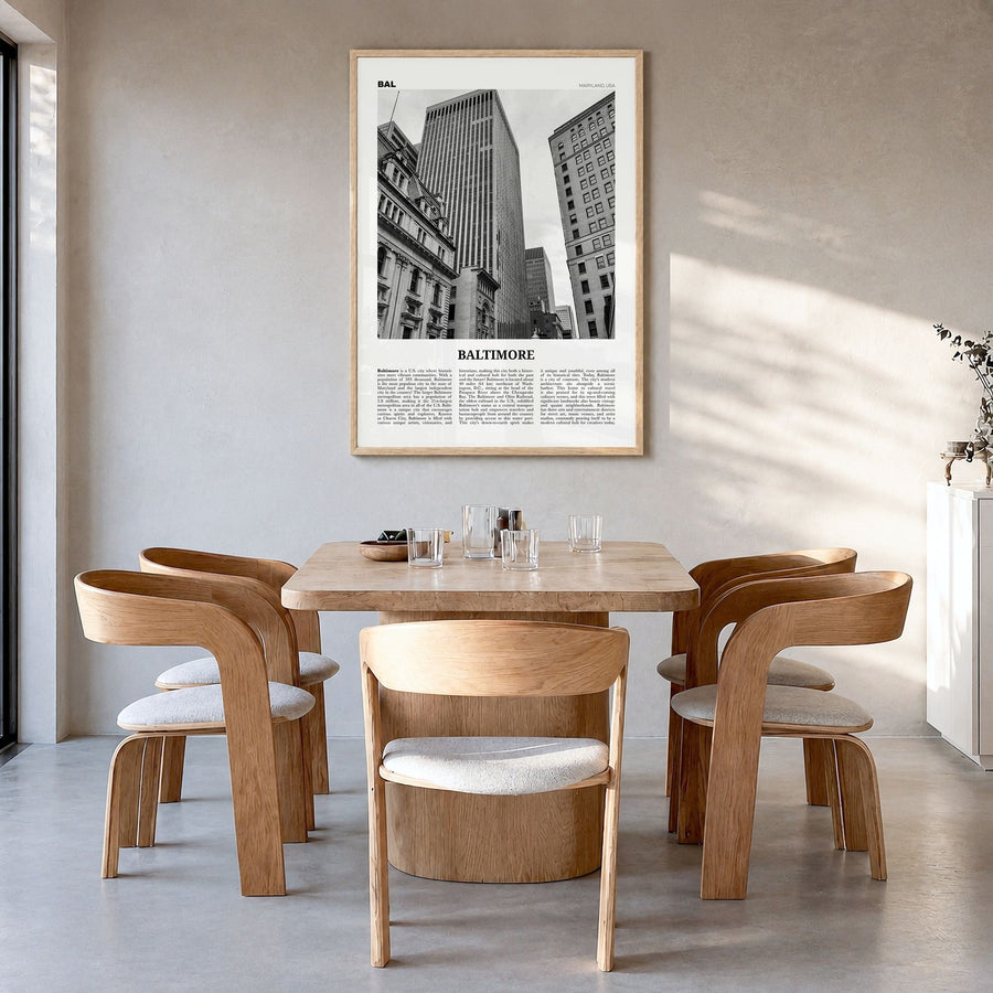 Baltimore Newspaper No 3 Poster in a natural wood frame, hanging in a dining room