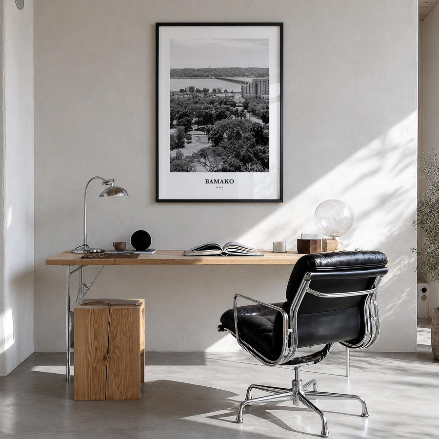 Bamako black & white classic poster of Mali – vertical wall art in black wood frame, hanging on wall