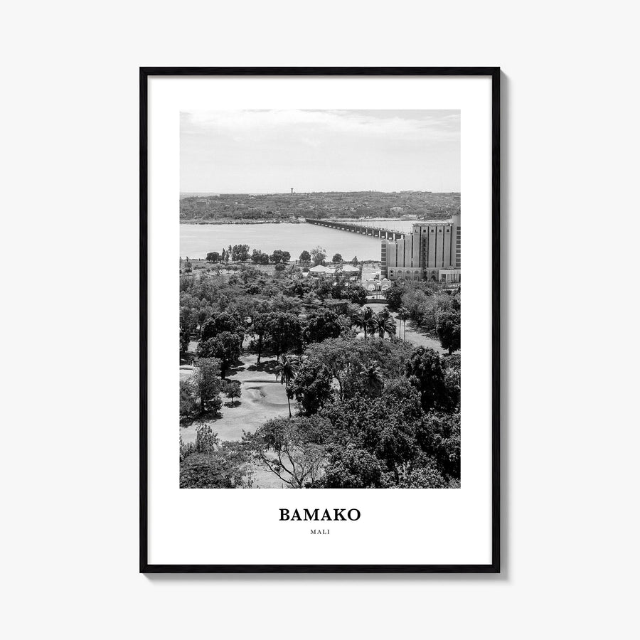 Bamako black & white classic poster of Mali – vertical wall art, unframed print shown in interior mockup