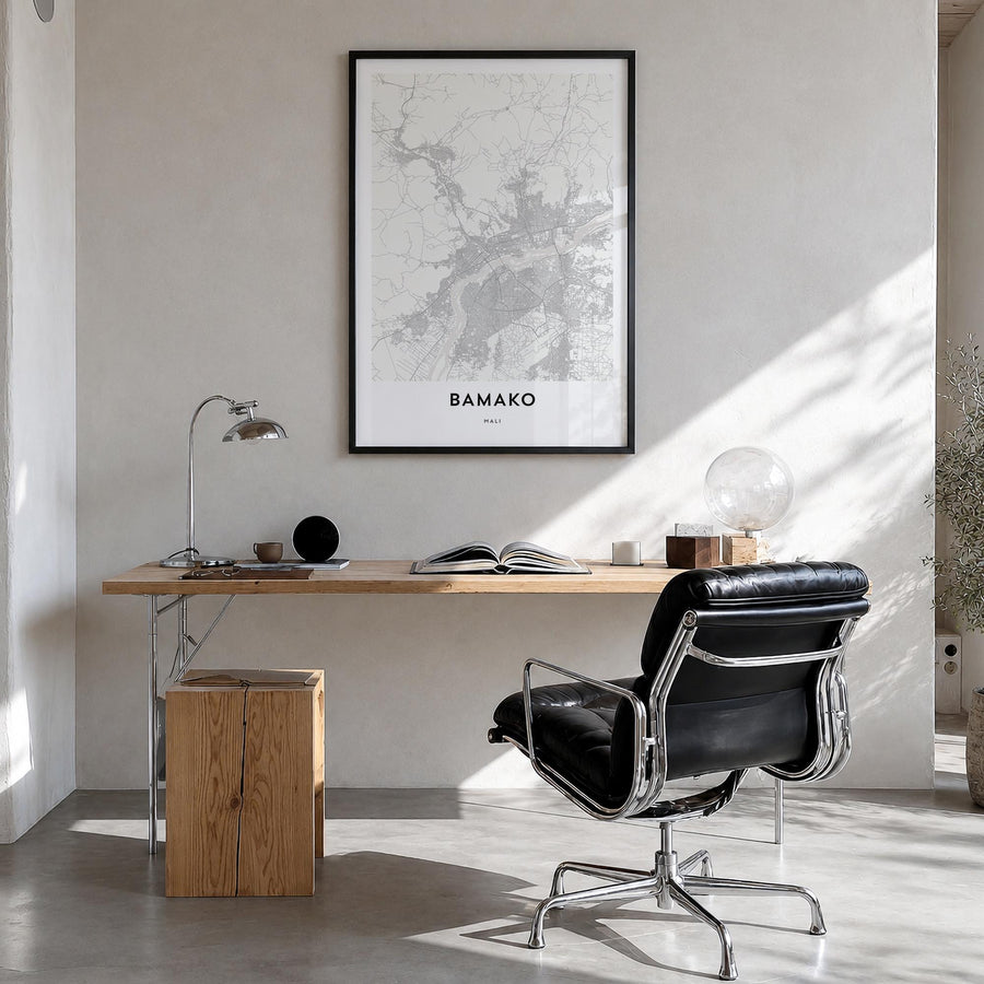 Bamako black & white map poster of Mali – vertical wall art in black wood frame, hanging on wall
