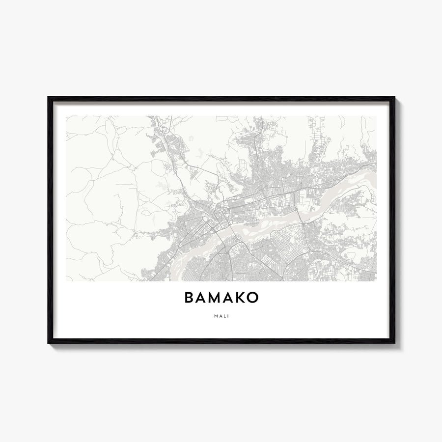 Bamako black & white map poster of Mali – horizontal wall art, unframed print shown in interior mockup