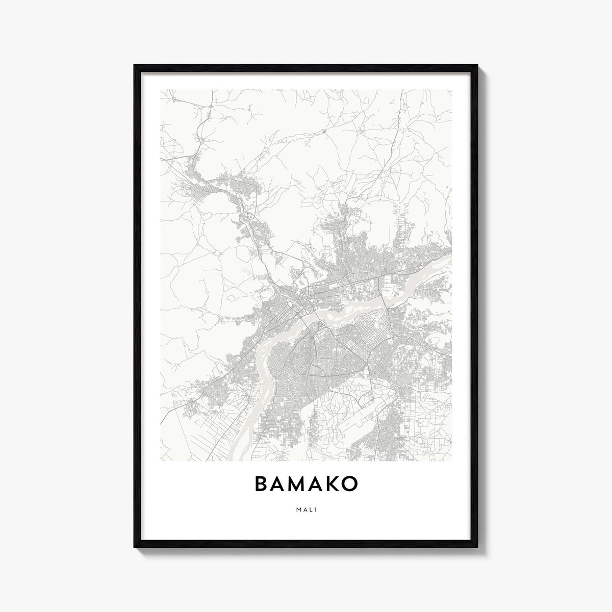 Bamako black & white map poster of Mali – vertical wall art, unframed print shown in interior mockup