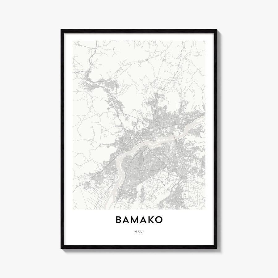 Bamako black & white map poster of Mali – vertical wall art, unframed print shown in interior mockup