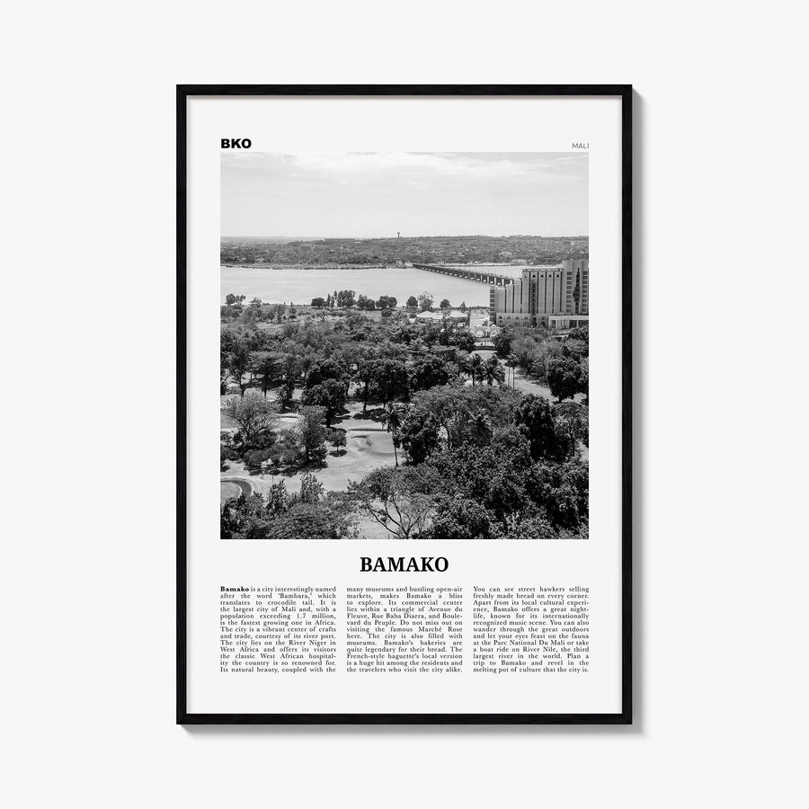 Bamako black & white newspaper poster of Mali – vertical wall art, unframed print shown in interior mockup